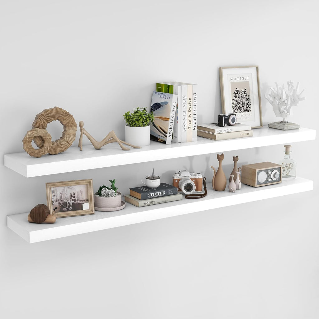 RICHFOCUS 72Inch Floating Shelves for Wall 2 Pack Shelves for Bedroom|Kitchen|Bathroom Wall Mounted Rustic Wood Floating Shelf with Invisible Brackets for Books|Storage|Decor, White