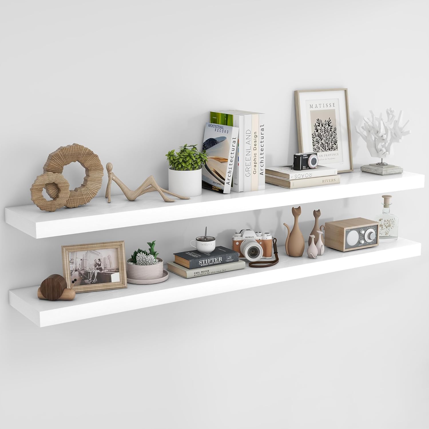RICHFOCUS 72Inch Floating Shelves for Wall 2 Pack Shelves for Bedroom|Kitchen|Bathroom Wall Mounted Rustic Wood Floating Shelf with Invisible Brackets for Books|Storage|Decor, White