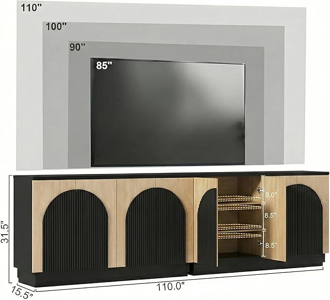 Yechen Fluted TV Stand with Arched Reeded Design Doors, Modern Entertainment Center with Storage for Up to 98 Inch, TV Media Console, TV Cabinet for Living Room, Bedroom/Black/Natural(2 PCS)