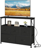 DUMOS TV Stand, Dresser with 5 Fabric Storage Drawers, Media Console Featuring Open Shelf, Fabric Storage Cabinet with Charging Station, Compact Entertainment Unit for Bedroom, Living Room, Black