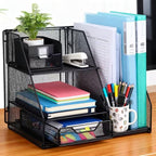 Black Mesh Desk Organizer Set, 3-in-1 Office Organizer with File Holder, Drawer & Accessories Tray, Multi-functional Desktop Storage for Stationery, Documents, Home & Office