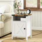 Fameill Farmhouse End Tables with Charging Station, Modern White | Nightstand with Barn Door and Shelf, Rustic Living Room Bedroom Side Table