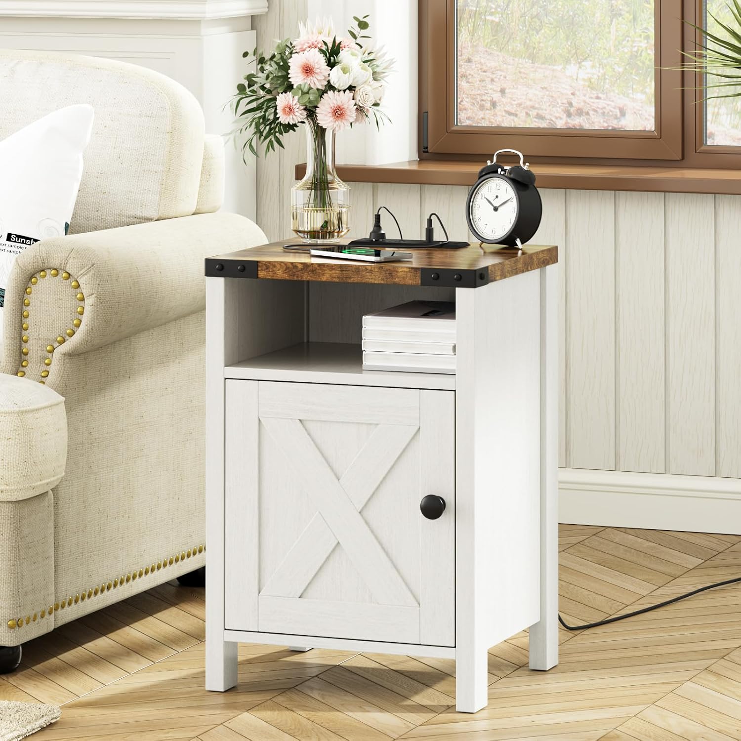 Fameill Farmhouse End Tables with Charging Station, Modern White | Nightstand with Barn Door and Shelf, Rustic Living Room Bedroom Side Table