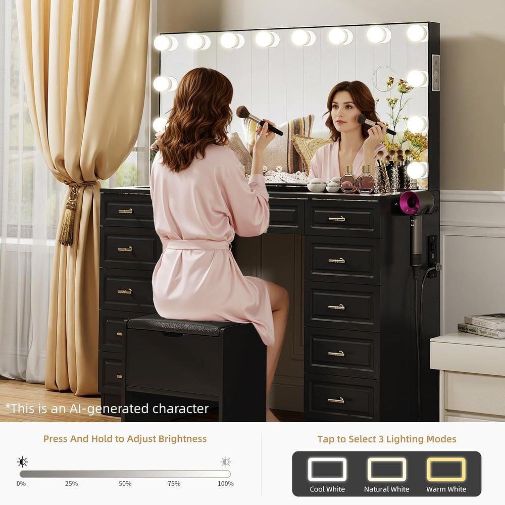 VOWNER Vanity with Lighted Mirror, Makeup Vanity Desk w/Bluetooth Speaker | G...
