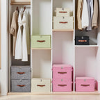 Storage Bins with Zipper Lids Decorative Lidded Baskets Boxes | Clothes Container, Closet Shelf Organizer, Foldable Washable, Cotton Linen Fabric, w/ PU Leather Handles, Pink, Small