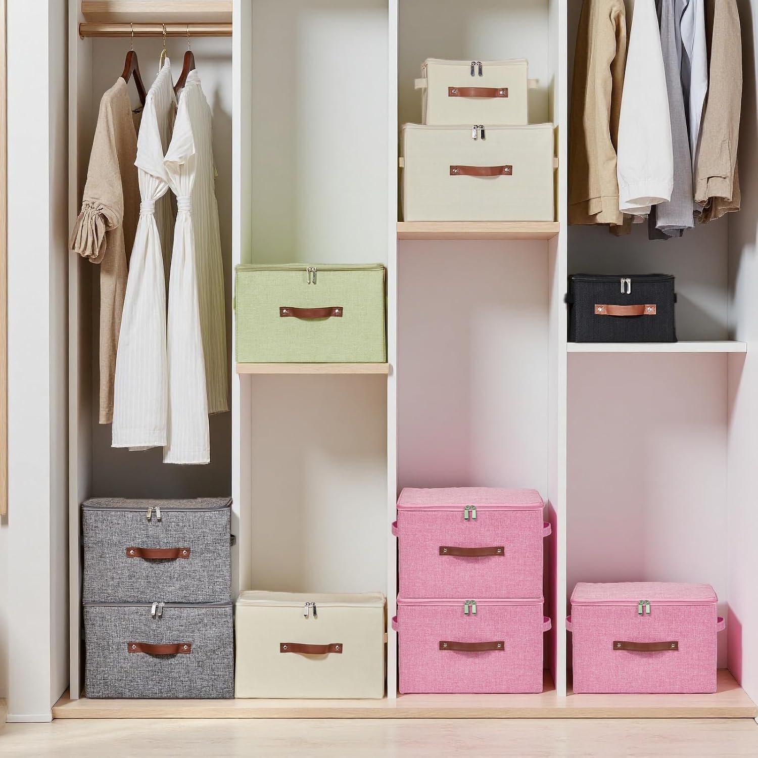Storage Bins with Zipper Lids Decorative Lidded Baskets Boxes | Clothes Container, Closet Shelf Organizer, Foldable Washable, Cotton Linen Fabric, w/ PU Leather Handles, Pink, Small