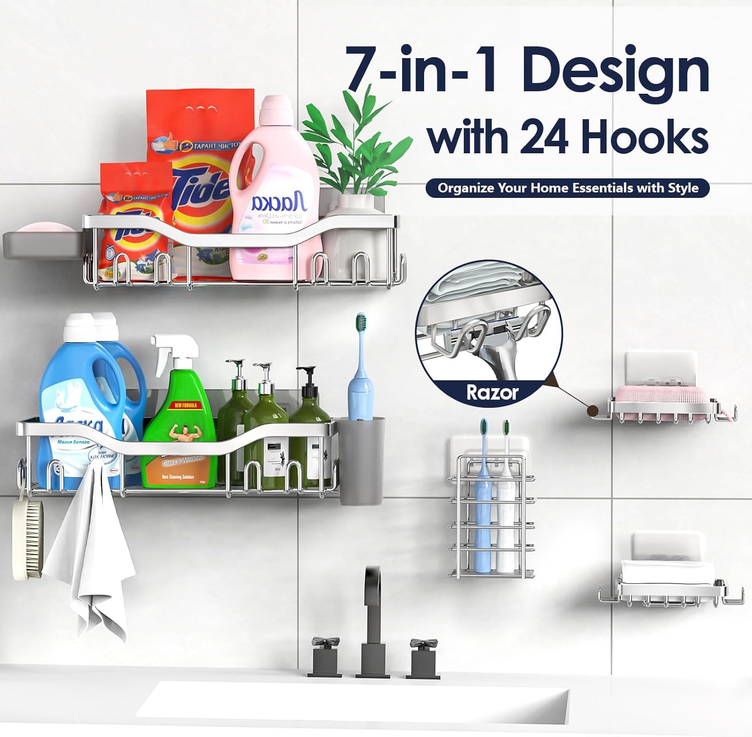 Shower Caddy Adhesive Shower Organizer 7-Pack, Rustproof Stainless Steel Bathroom Shelves, Large Capacity No-Drill Rack Storage Accessories with Soap Dish Toothbrush Holder Hooks (Silver)