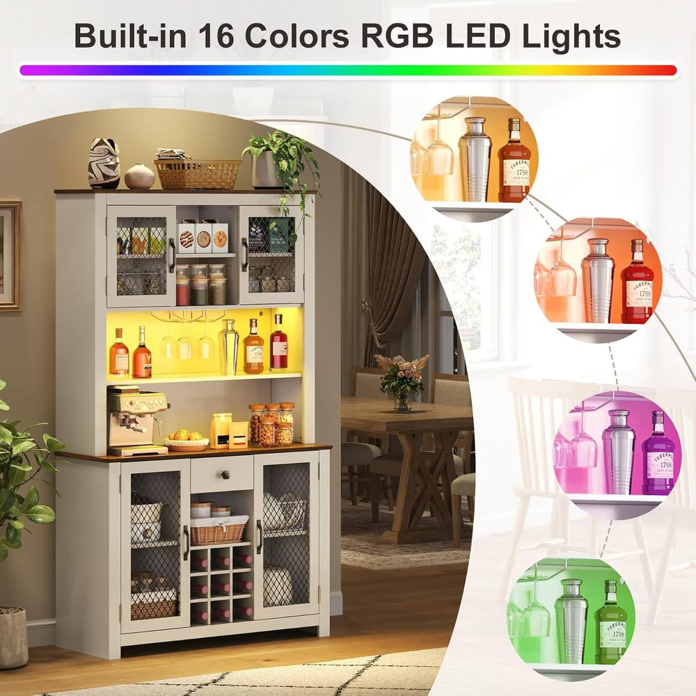 DRIXNO 70.9" White Kitchen Pantry Cabinet with RGB LED Lights & Char...