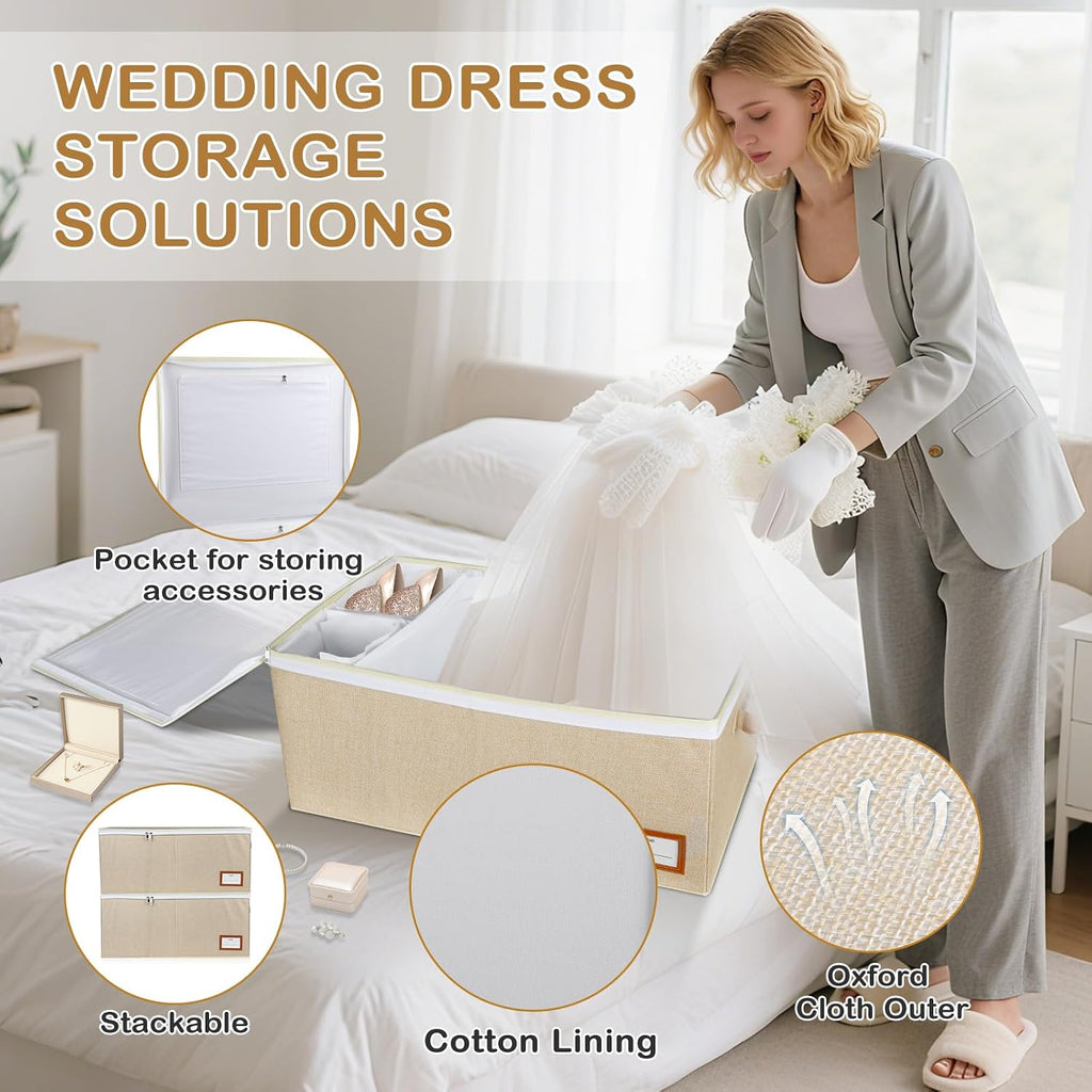 Lukeline Wedding Dress Storage Box, Wedding Dress Preservation Box with Divider, Foldable Organizer with 1 Pair of Microfiber Gloves and 20 Sheets of Acid-Free Paper for Gowns,Souvenirs