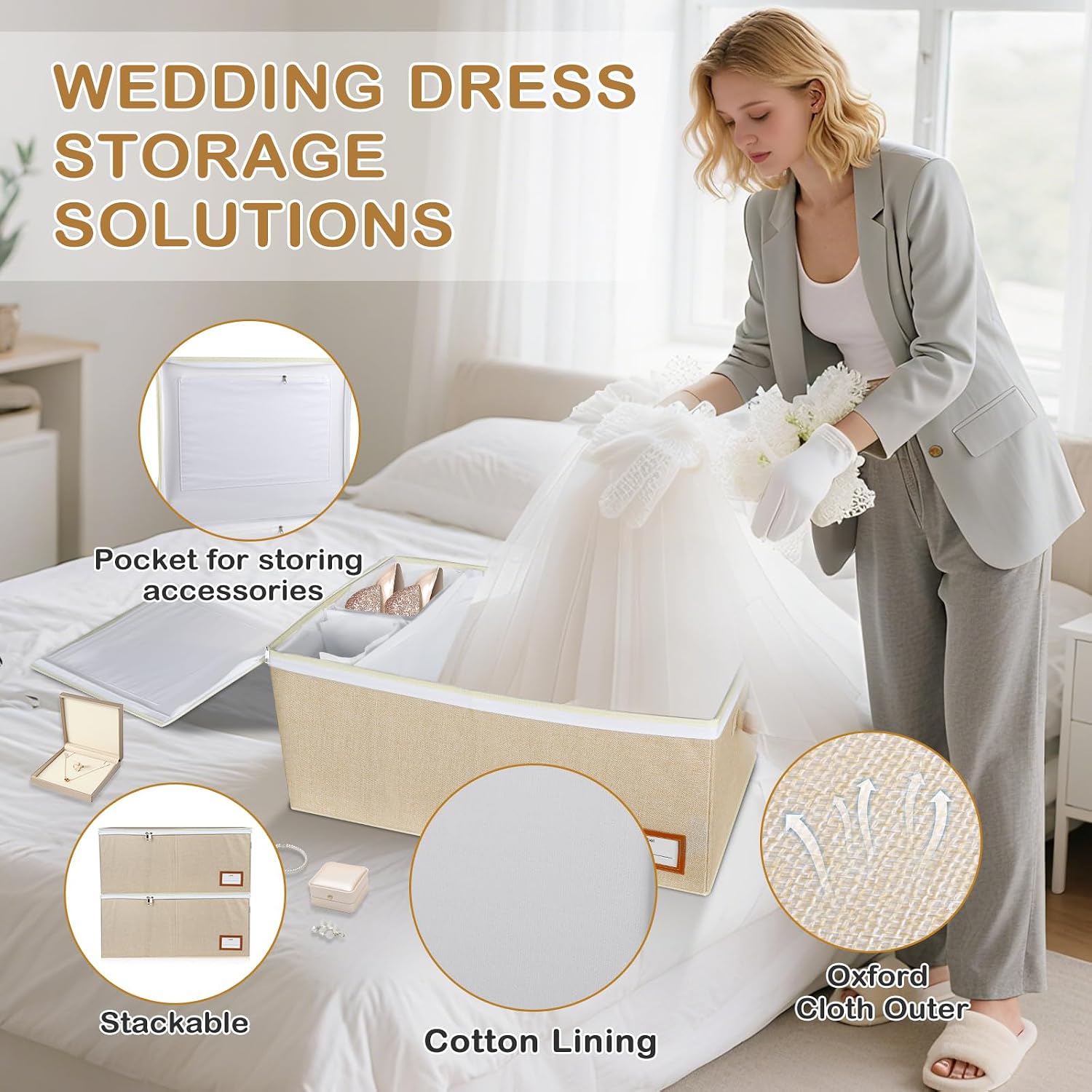 Lukeline Wedding Dress Storage Box, Wedding Dress Preservation Box with Divider, Foldable Organizer with 1 Pair of Microfiber Gloves and 20 Sheets of Acid-Free Paper for Gowns,Souvenirs
