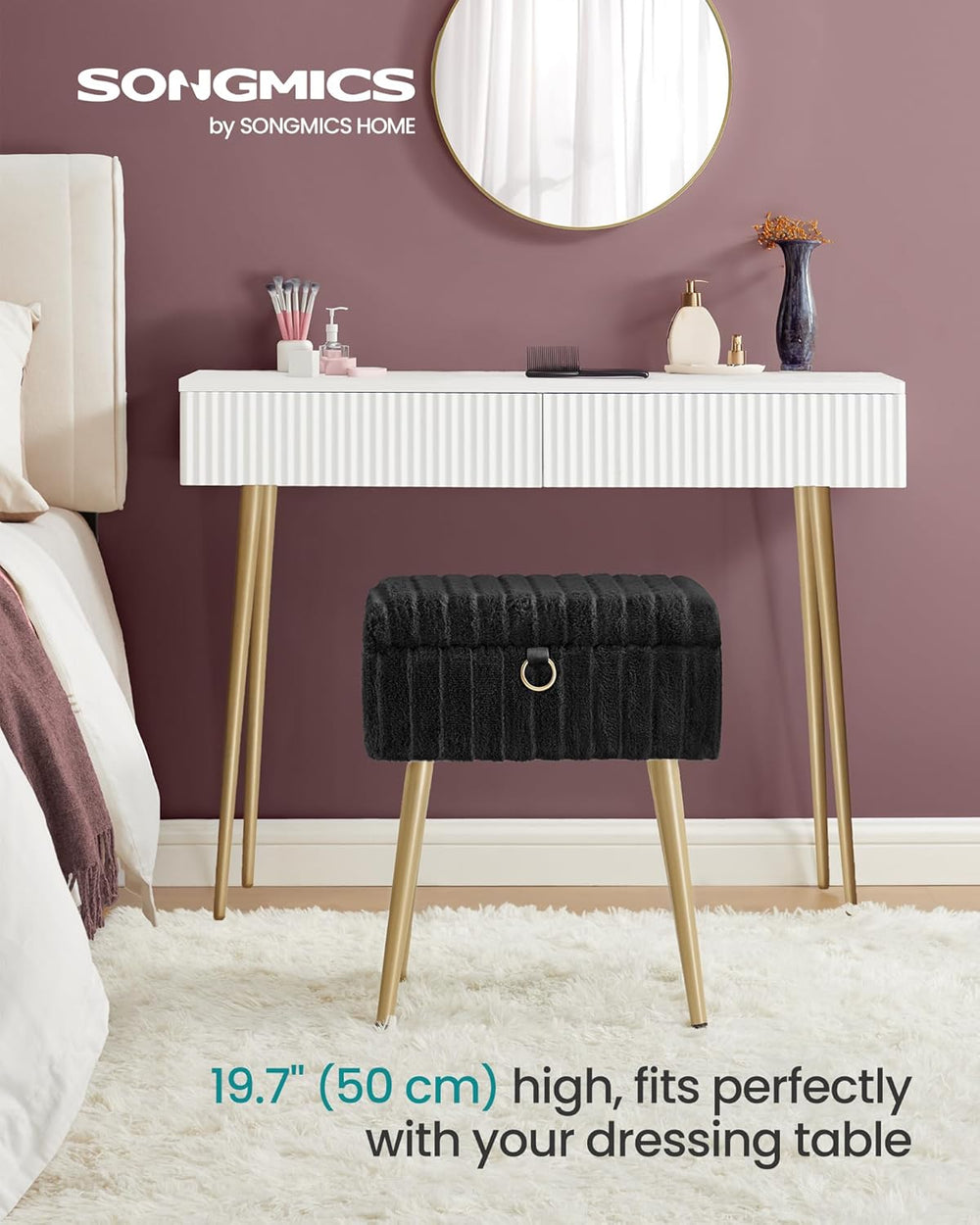 SONGMICS Vanity Stool Chair Faux Fur with Storage, Vanity Bench, Metal Legs, ...