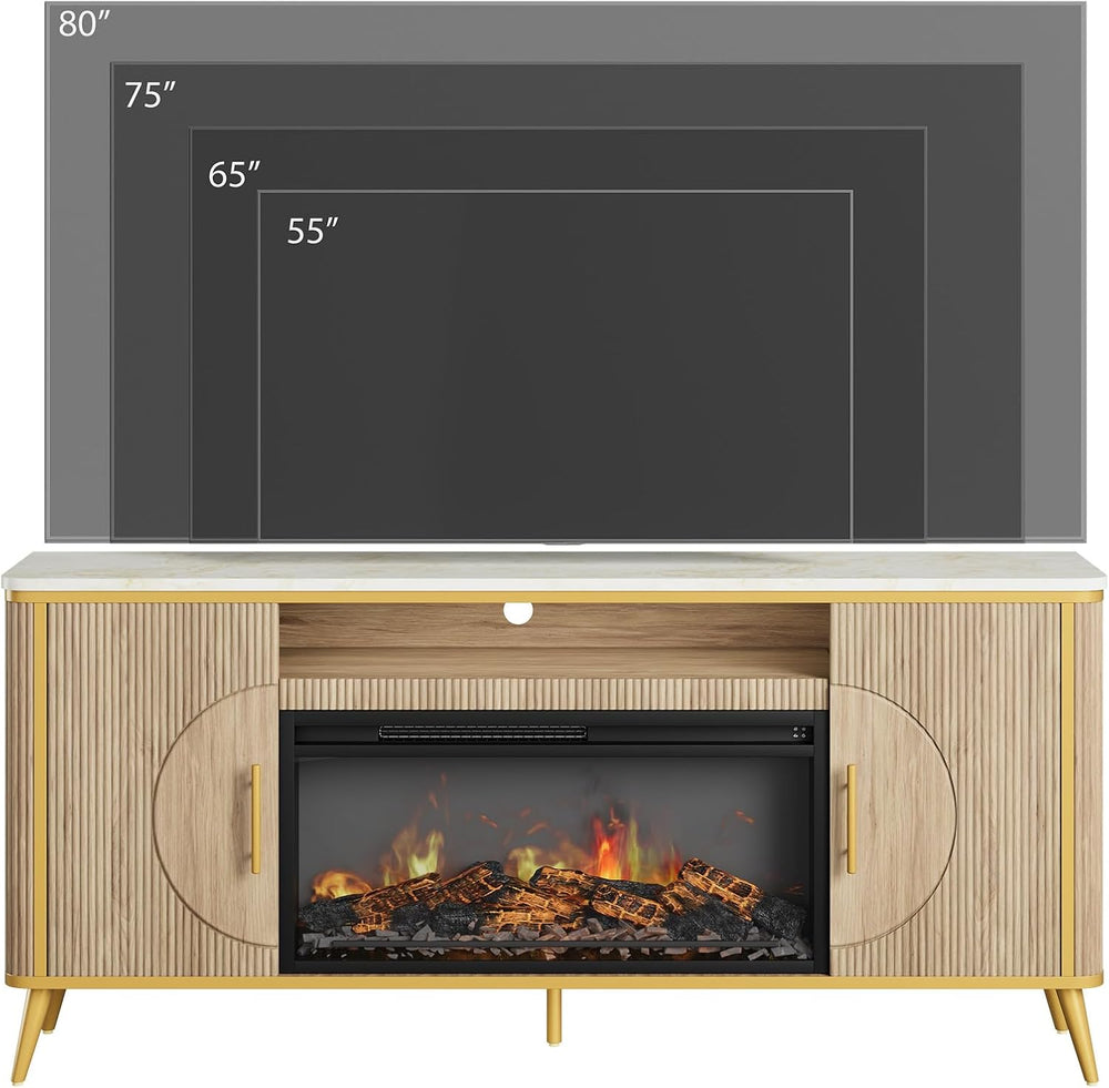 Fluted Fireplace TV Stand Up to 80" TVs, Modern Entertainment Center wit...