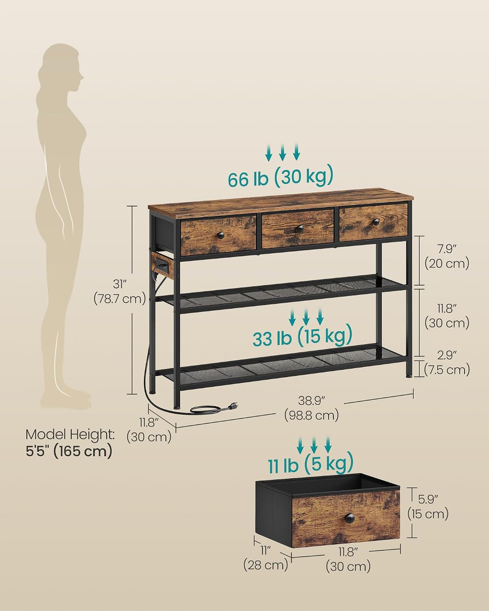 SONGMICS Console Table with Charging Station, Narrow Sofa Table with LED Ligh...
