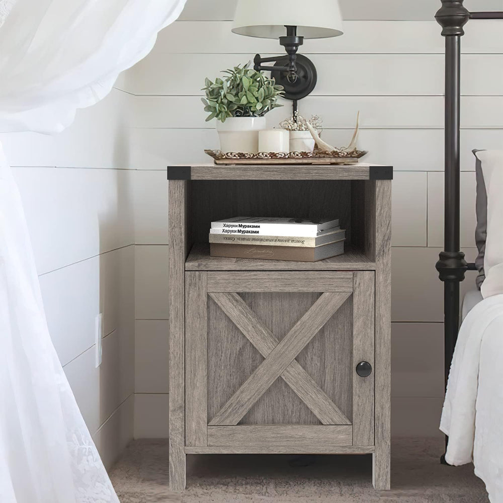 Farmhouse End Table, Nightstand with Barn Door and Shelf,Grey Wash | End Tabl...