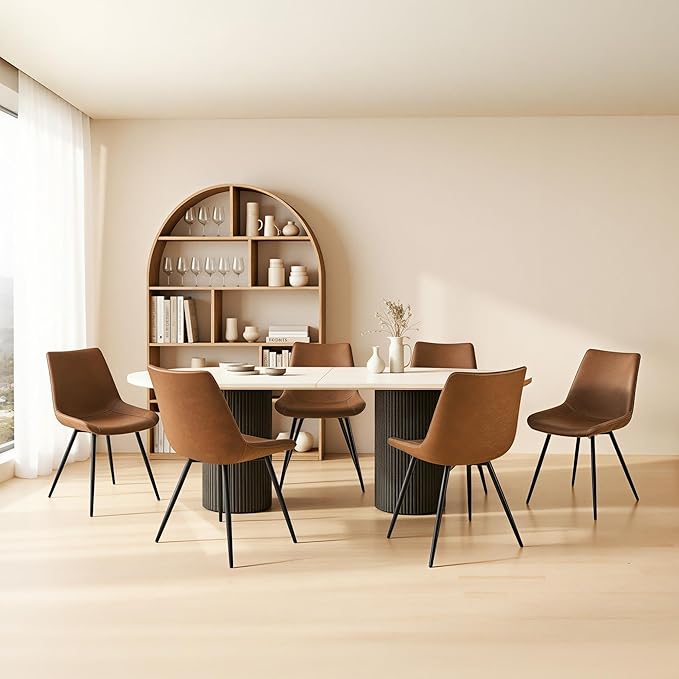 Yaheetech Dining Room Chairs Set of 6 Mid Century Modern Kitchen Chairs with Upholstered Faux Leather and Metal Legs for Dining Room, Living Room, Brown