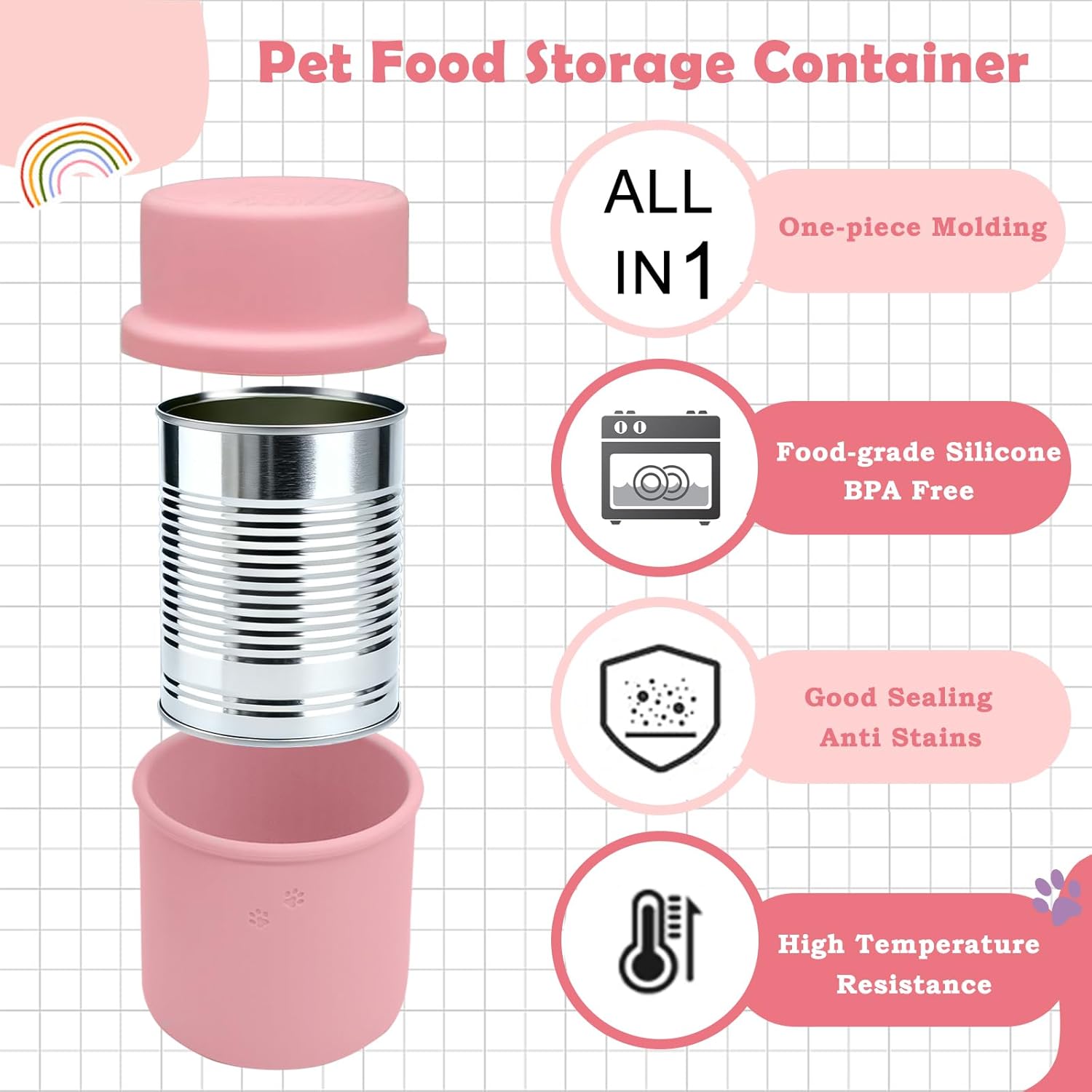 Original Canned Dog Food Storage Container | Silicone Can Cover Pet Food Sealer | BPA Free, Airtight, Dishwasher & Freezer Safe (Pink)