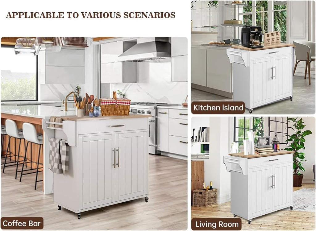 Kitchen Storage Island, Wooden Rolling Kitchen Island On Wheels with Countertop, Mobile Kitchen Island Cart with Towel Rack, Spice Rack and Drawers, White