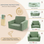 2-in-1 Kids Chair and Couch, Cozy Corduroy Kids Sofa, Green | Fold-Out Kids Couch, Boys and Girls, Bedroom & Playroom, Reading and Playing, Lightweight, Removable Washable Cover