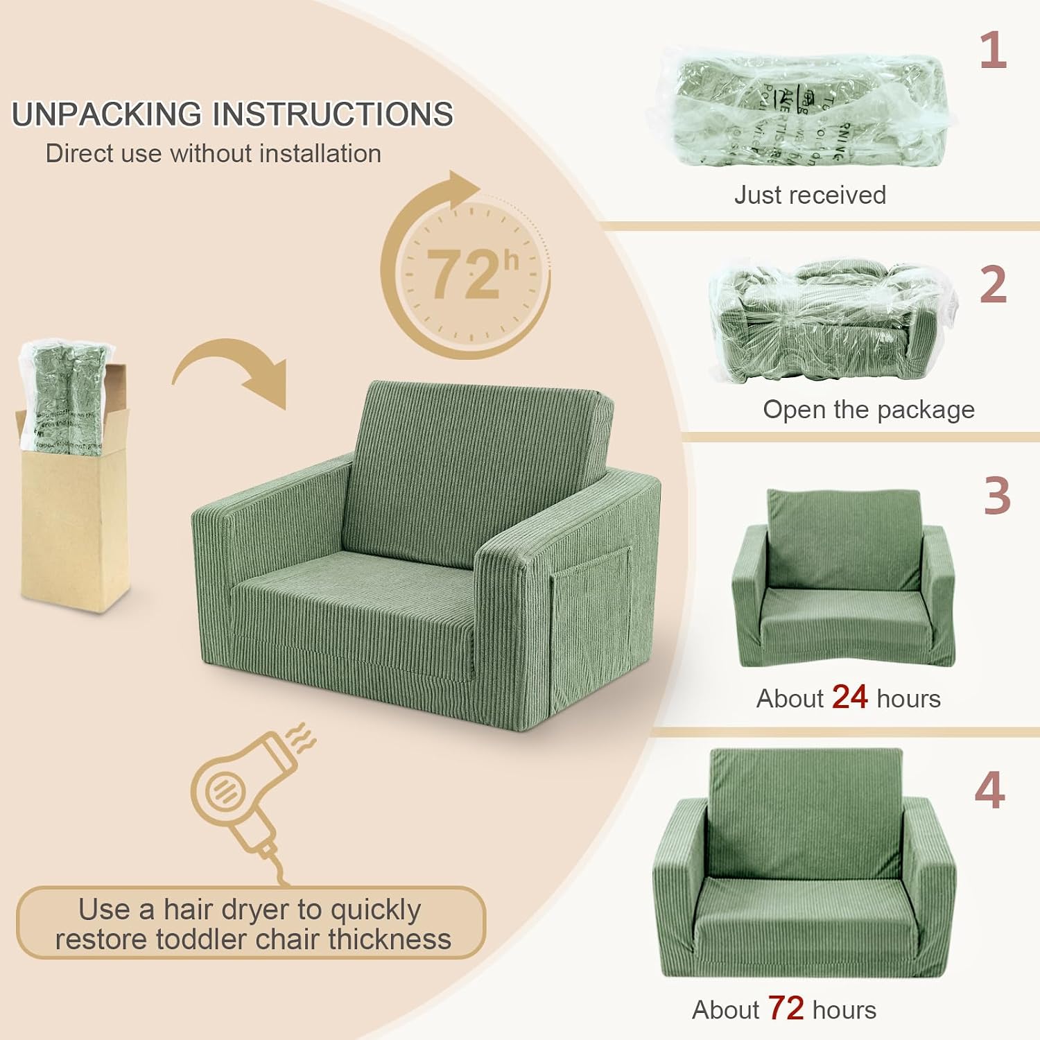 2-in-1 Kids Chair and Couch, Cozy Corduroy Kids Sofa, Green | Fold-Out Kids Couch, Boys and Girls, Bedroom & Playroom, Reading and Playing, Lightweight, Removable Washable Cover