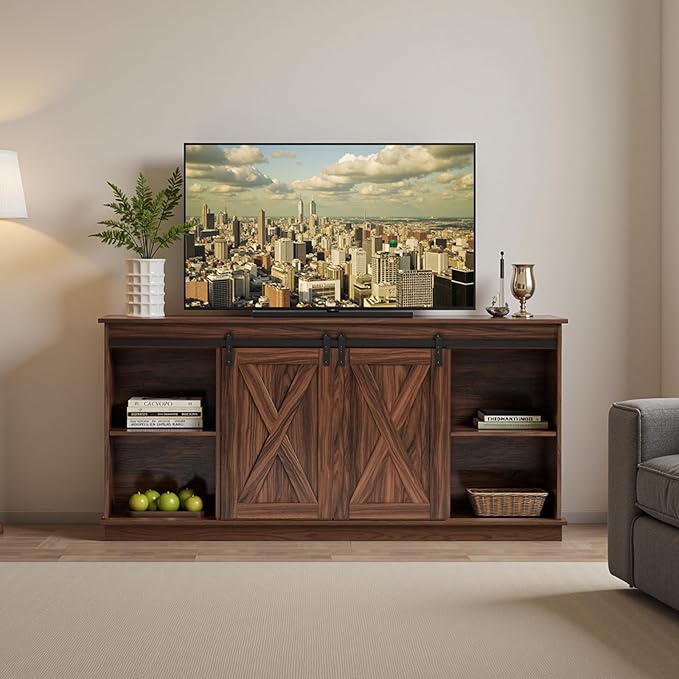 Sweetcrispy TV Stand for Televisions up to 65 Inch Farmhouse Entertainment Center with Storage Cabinets Sliding Barn Doors Modern Living Room Furniture Media Console Table for Bedroom, Brown