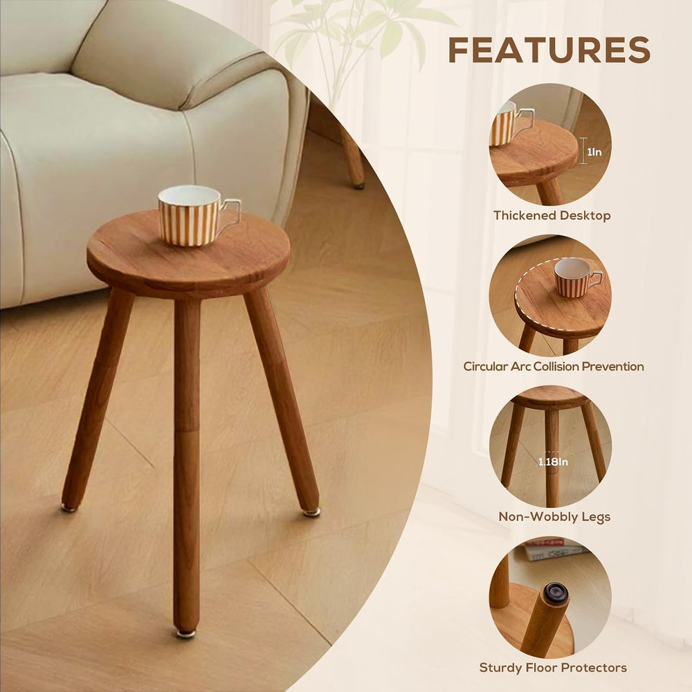 Small Round Side Table Adjustable Height Solid Wood Drink Table Indoor Tall P...