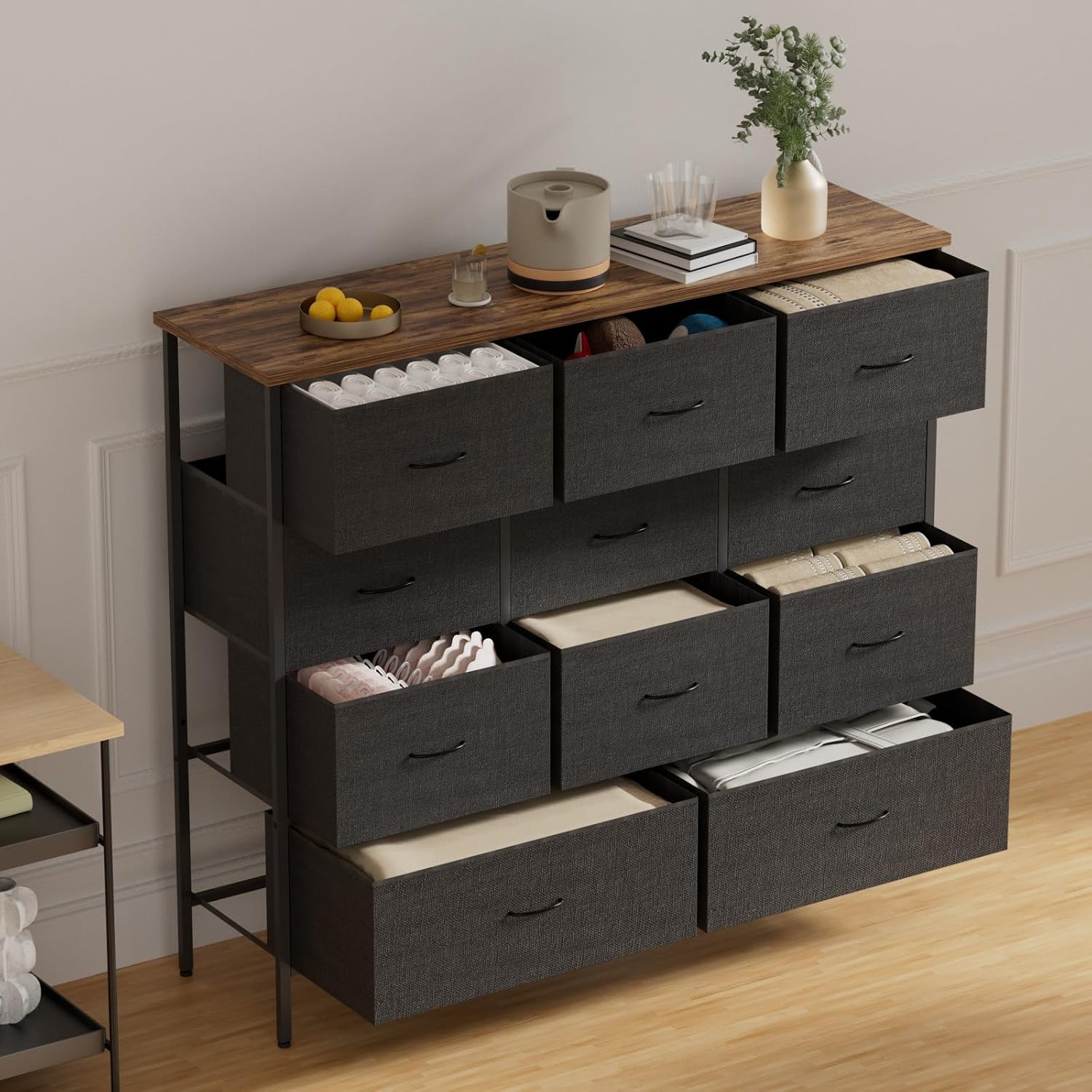 VASICAR 43.3" Wide Fabric Dresser for Bedroom, Chest of Drawers with 11 Deep Drawers, Multi-Drawers TV Stand TV Console, Storage Organizer for Closet, Nursery (Black)