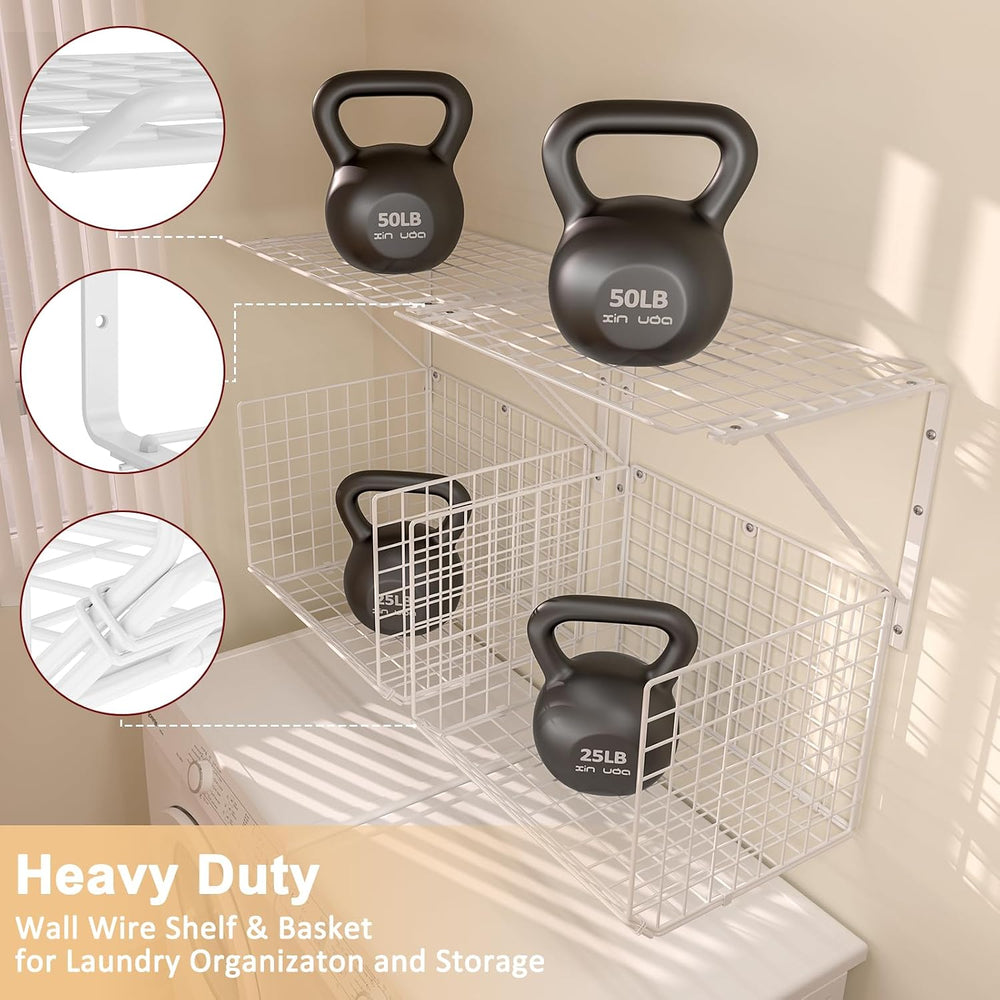 2 Pack Laundry Room Shelves Wall Mounted with Wire Baskets, Over the Washer a...