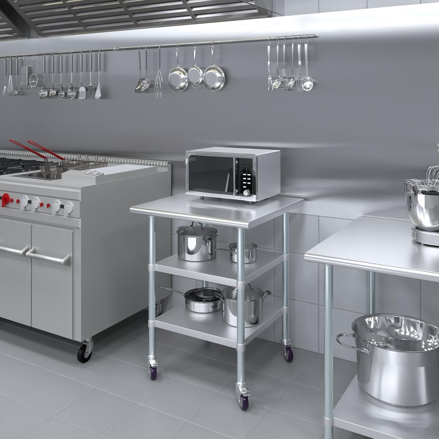 AmGood Stainless Steel Work Table with 2 Shelves and Casters | Metal Utility Table On Wheels (Stainless Steel Work Table with 2 Shelves + Casters, 30" Long x 30" Deep)