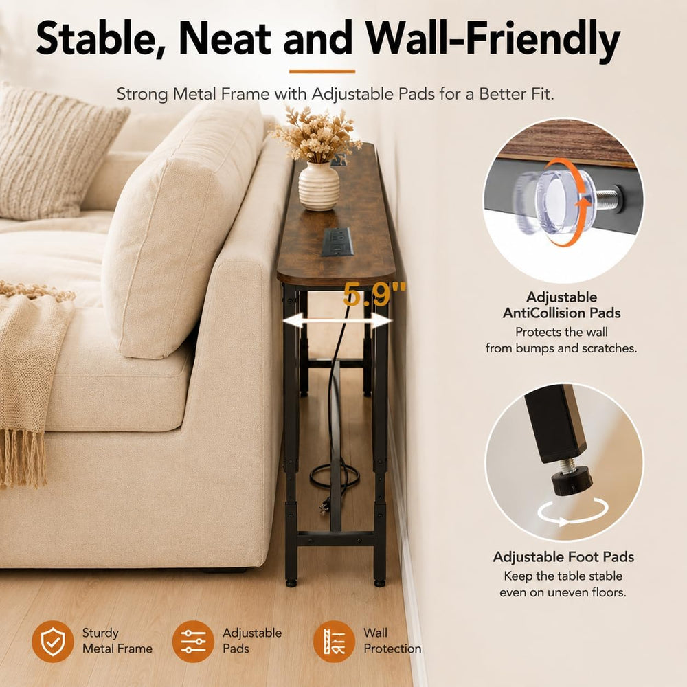 Forteek 78.8" Narrow Sofa Table with Power Outlets, Adjustable Height | ...