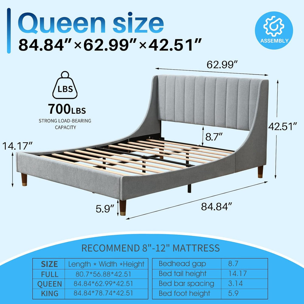 YUHUASHI Queen Upholstered Platform Bed Frame with Wingback Headboard，Blue