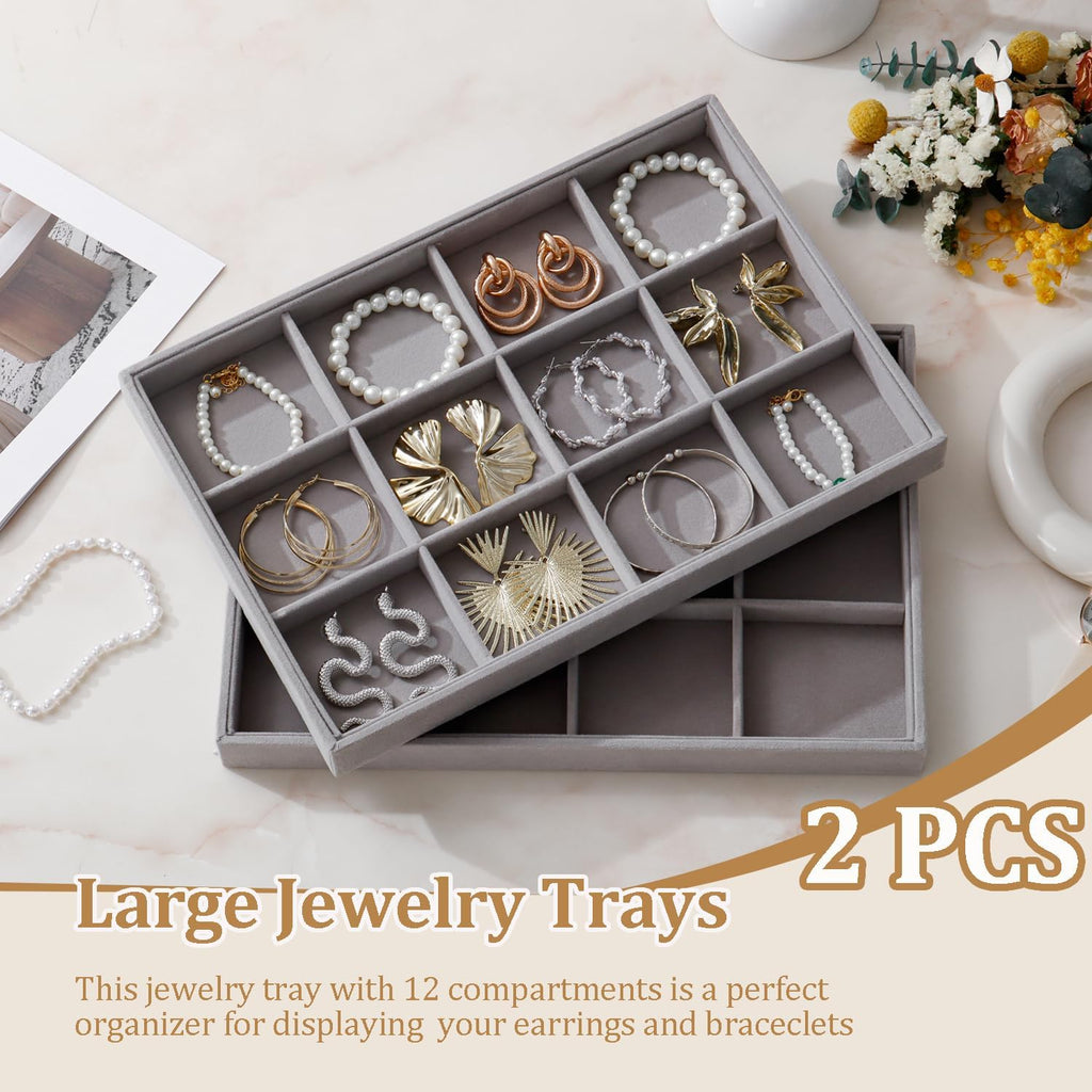 Large Velvet Jewelry Tray 2 Pack Stackable Jewelry Display Drawer Inserts Trays Organizer for Earring Bracelet Necklace Ring (Gray, 12 Grids)