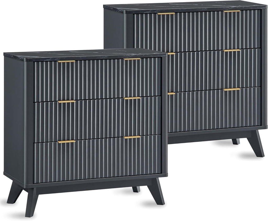 T4TREAM Fluted 3 Drawers Nightstand Set of 2, Oversized Extra Large Modern Side Table with Faux Marble Top, End Table Bedside for Bedroom, Living Room, Curved Profile Design, Dark Grey
