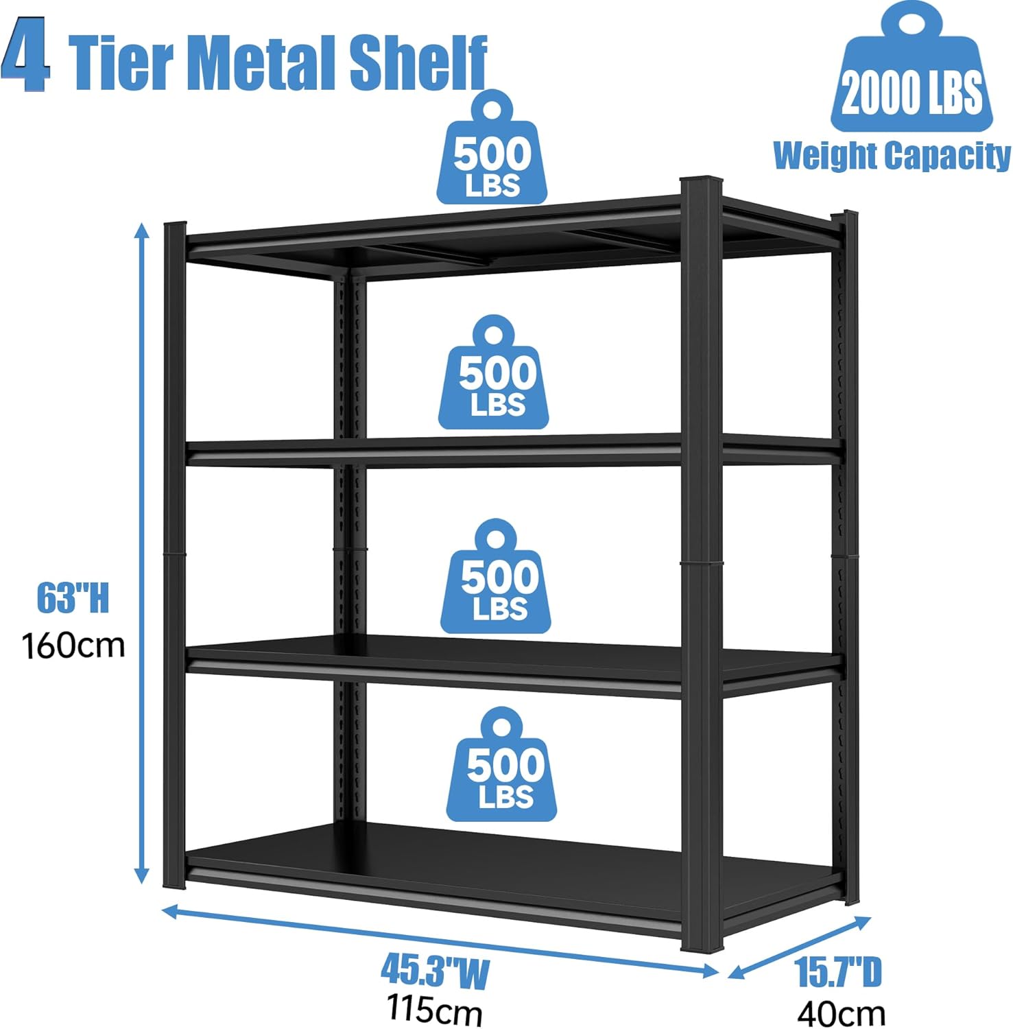 Garage Storage Shelves,5 Tier Shelving Unit, 40 inch Wide, 18” Deep, 78” Tall Organizer Metal Shelf for Basement/Laundry/Pantry Heavy Duty, Adjustable,Easy to Install (4Tier-45"WX16"DX63"H)