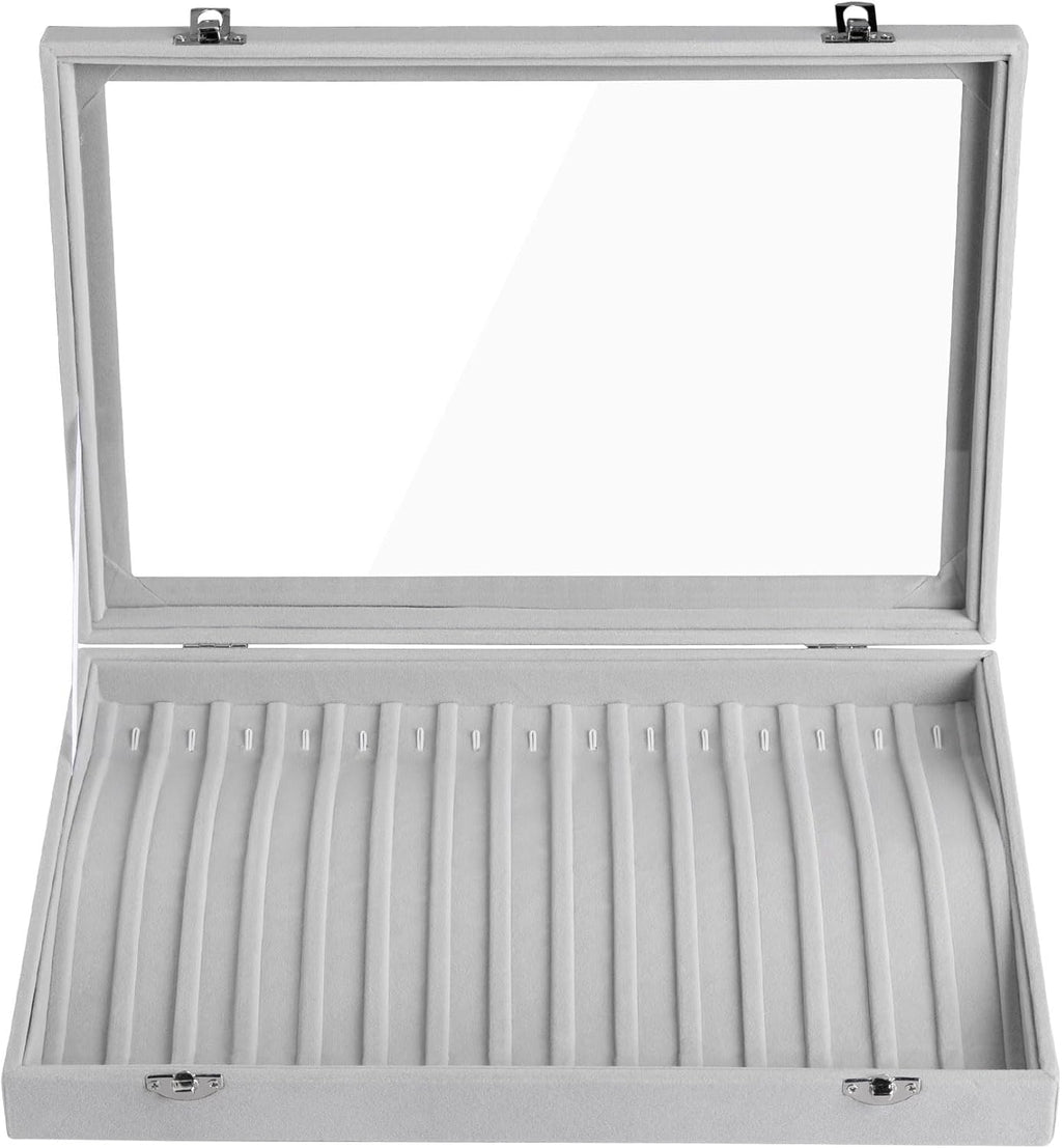 Frebeauty 15 Hooks Necklace Tray Velvet Neckalce Organizer with Clear Lid Lockable Necklace Holder Box Jewelry Organizer for Pendants Chains Necklace Jeweley Tray for Women Girls(Grey)