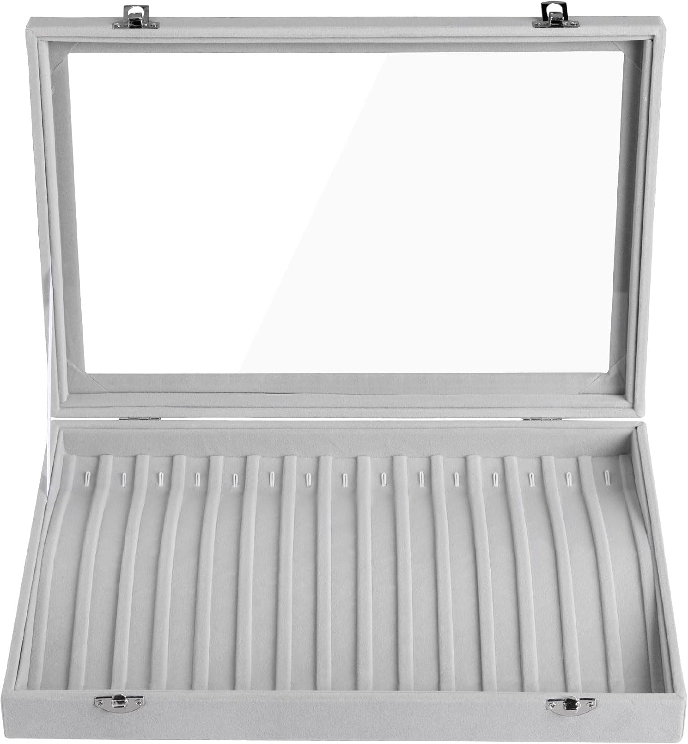 Frebeauty 15 Hooks Necklace Tray Velvet Neckalce Organizer with Clear Lid Lockable Necklace Holder Box Jewelry Organizer for Pendants Chains Necklace Jeweley Tray for Women Girls(Grey)