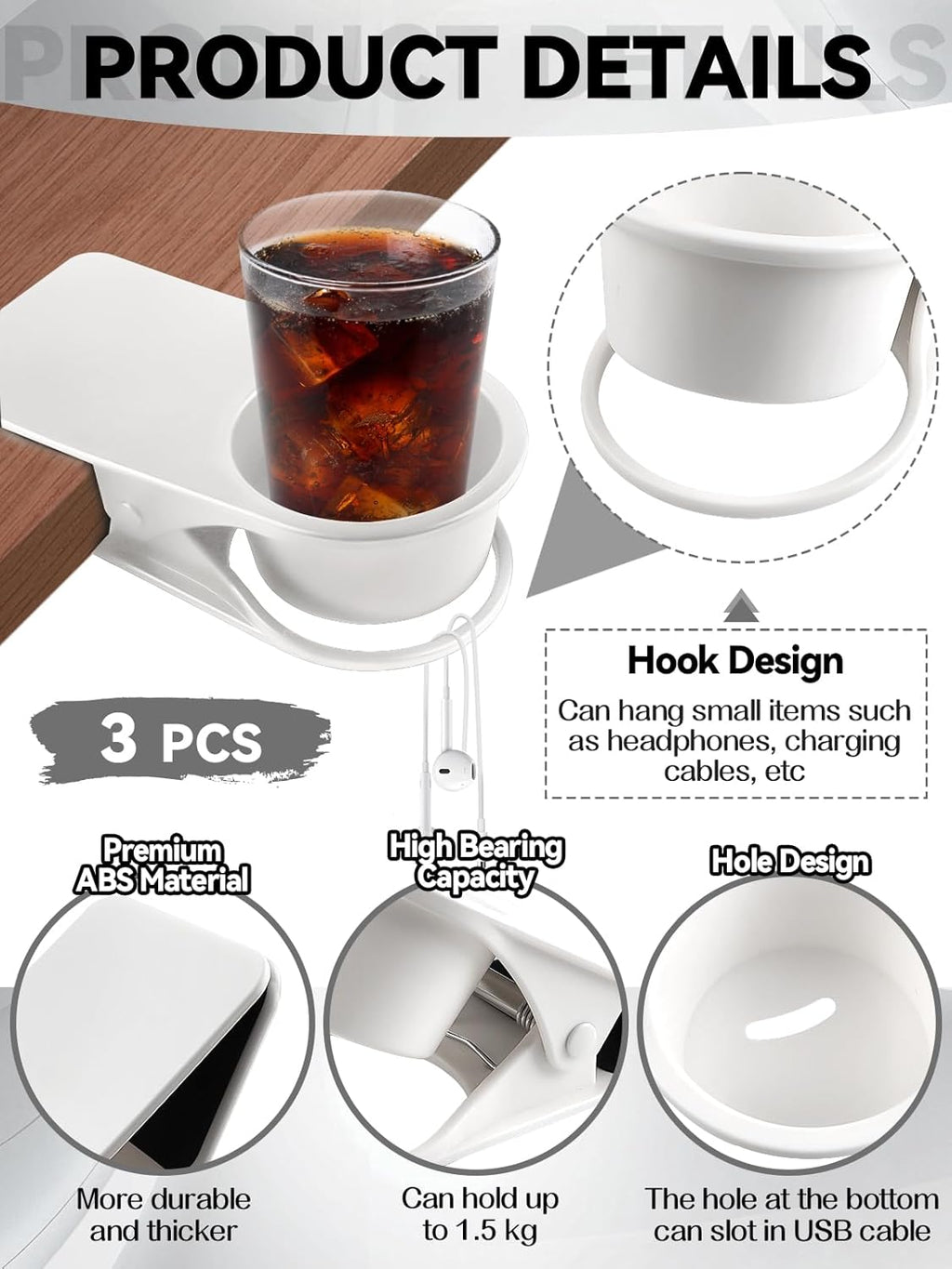 3PCS Drinking Cup Holder Clip, Kalolary Chair Desk Bottle Cup Stand DIY Glass Clamp Storage Saucer Clip for Potted Plant Beverage Soda Coffee Mug Holder Clip for Home & Office (White)