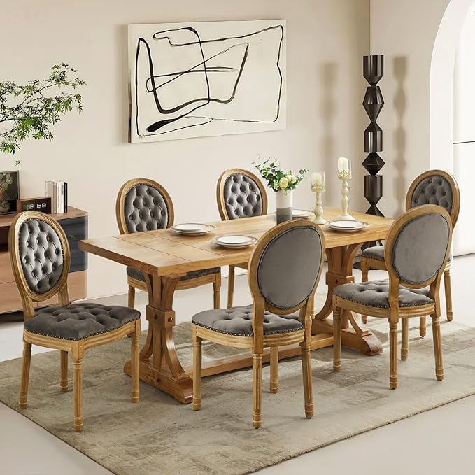Upholstered Dining Chairs Set of 6 French Country Oval Fabric Back Kitchen Side Chair with Wood Legs for Dining Room, Kitchen, Restaurant(Grey-Velvet)