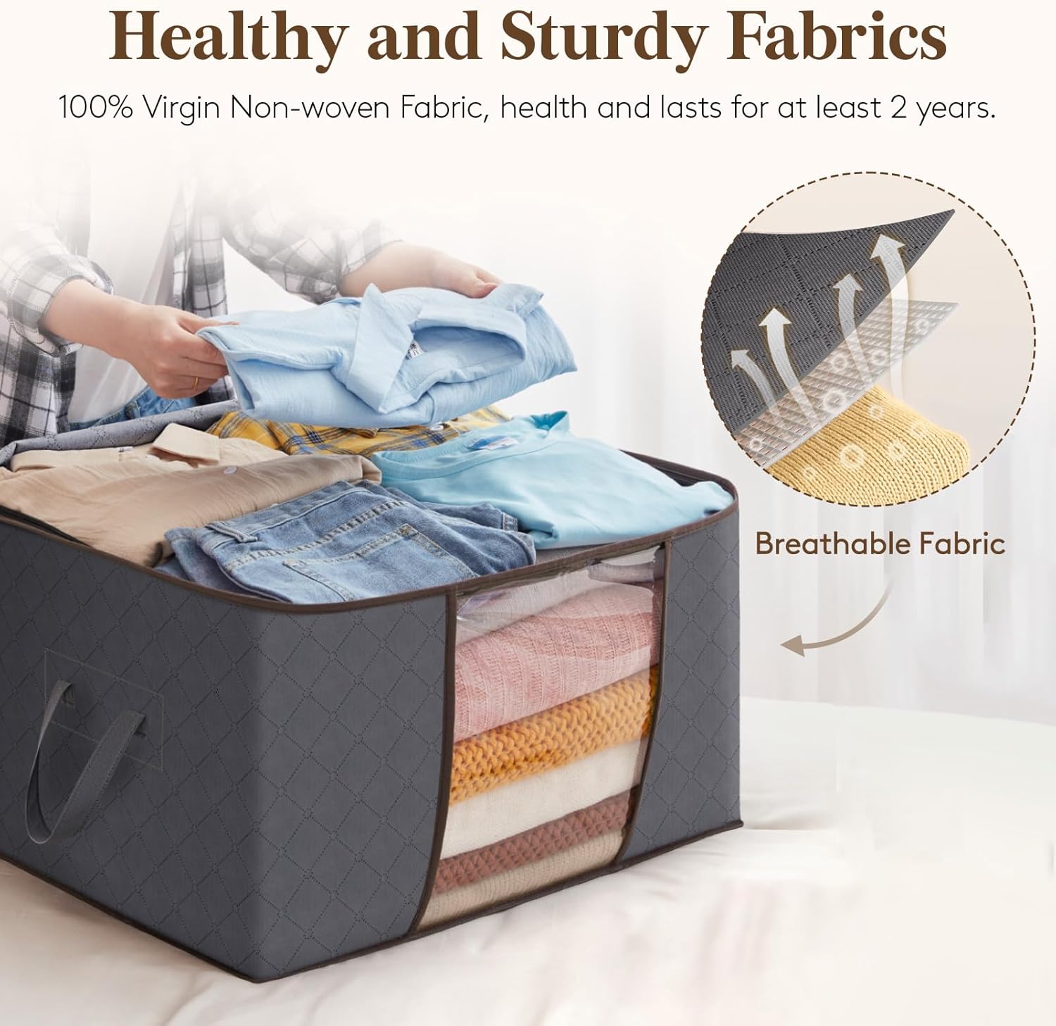 Lifewit 3 Packs Clothes Storage Bag, Storage Bins for Clothes, Blankets, Comforters, Foldable Clothing Storage with Reinforced Handle, Sturdy Zipper, Closet Organizer With Clear Window, Gray