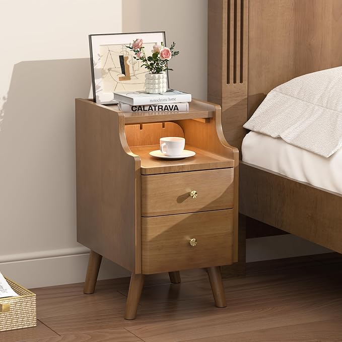 Narrow Nightstand, Solid Wood Night Stand with 2 Drawers, Walnut Mid Century Modern Nightstand, Small Beside Table with Open Storage Shelf for Bedroom（12 inch