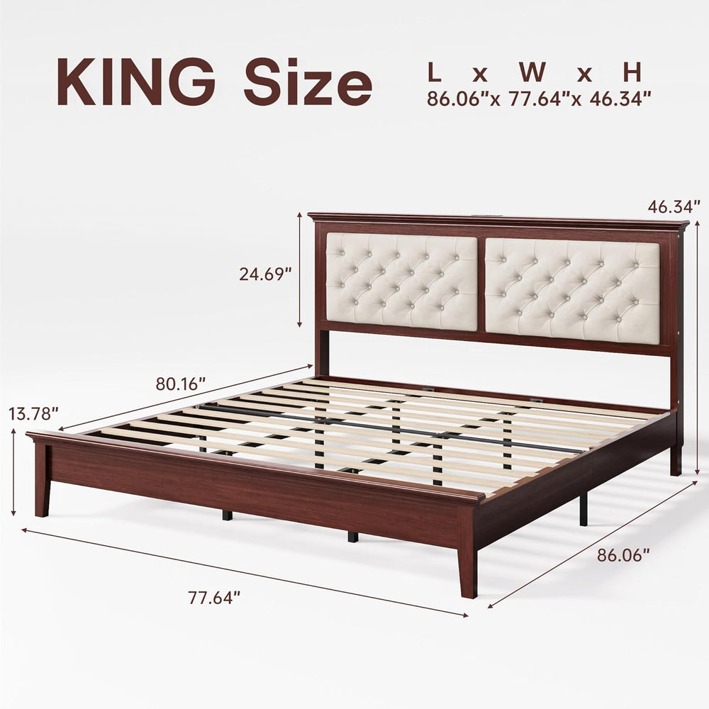 Lifezone Solid Wood King Bed Frame 46” Tall Diamond-Tufted Upholstered Headbo...