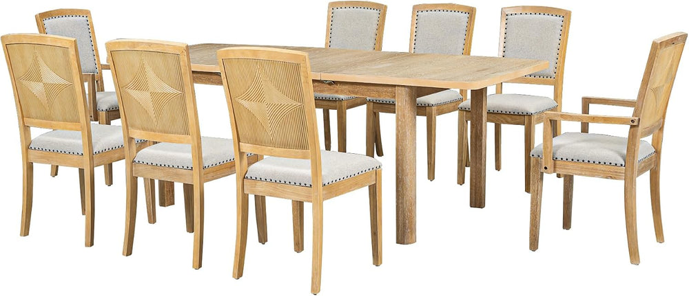 9-Piece Dining Table Set, Extendable 84", 6 Chairs + 2 Armchairs