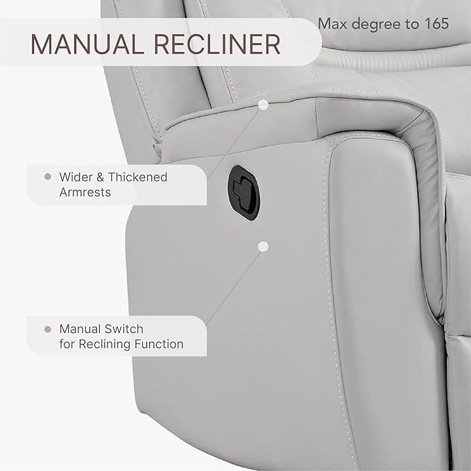 Leather Recliner Chair Faux Swivel Rocker for Adults Manual Sofa for Living Room Bedroom Home Theater Seating,Light Grey