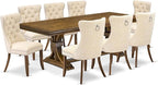 LEDA9-AWA-32 9 Pieces Dining Table Set Includes a Rectangle Table and 8 Light Beige Polyester Fabric Dining Chairs, Antique Walnut