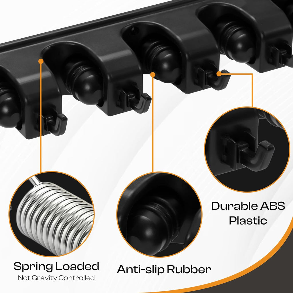 Heavy Duty ABS Plastic Broom Holder with 5 Slots and 6 Hooks | Wall Mount Mop and Broom Hanger | Waterproof Broom Organizer with Screws| Wall Mount Tool Organizer for Garage Storage