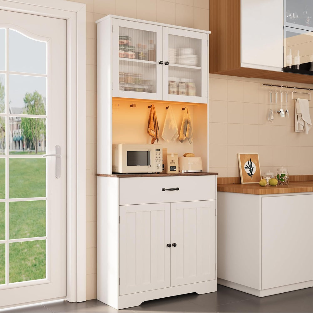 Gizoon 71" H Pantry Cabinet with Strip Light, Drawers | Coffee Bar with ...