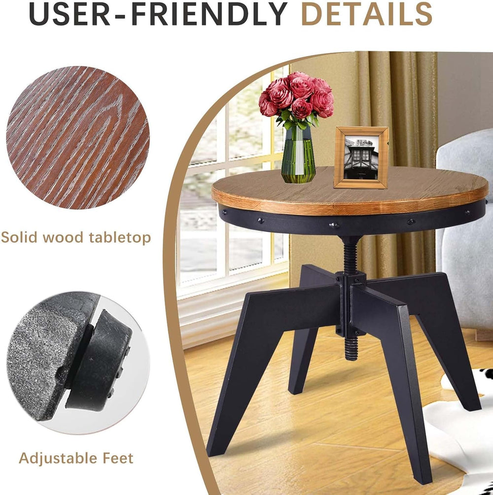 Topower Industrial Retro Round Table End Table Antique Height Ajustable Black...