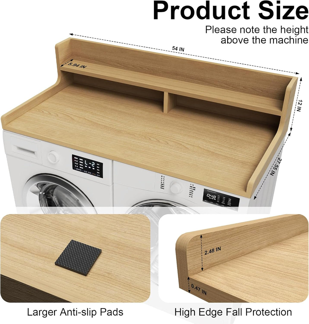 Washer Dryer Countertop, 54" x 27.55" 2-Tier Washer Dryer Topper with Edge, for Laundry Room Organization Oak