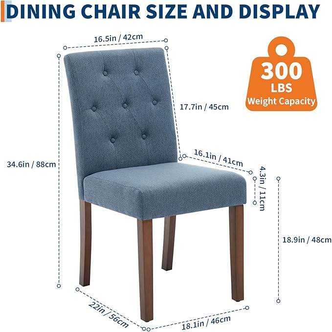 Upholstered Dining Chairs Set of 6, Button Tufted Parsons Chairs with Wood Legs and Padded Seat, Modern Fabric Side Chairs for Dining Room Kitchen Farmhouse Hotel, Blue
