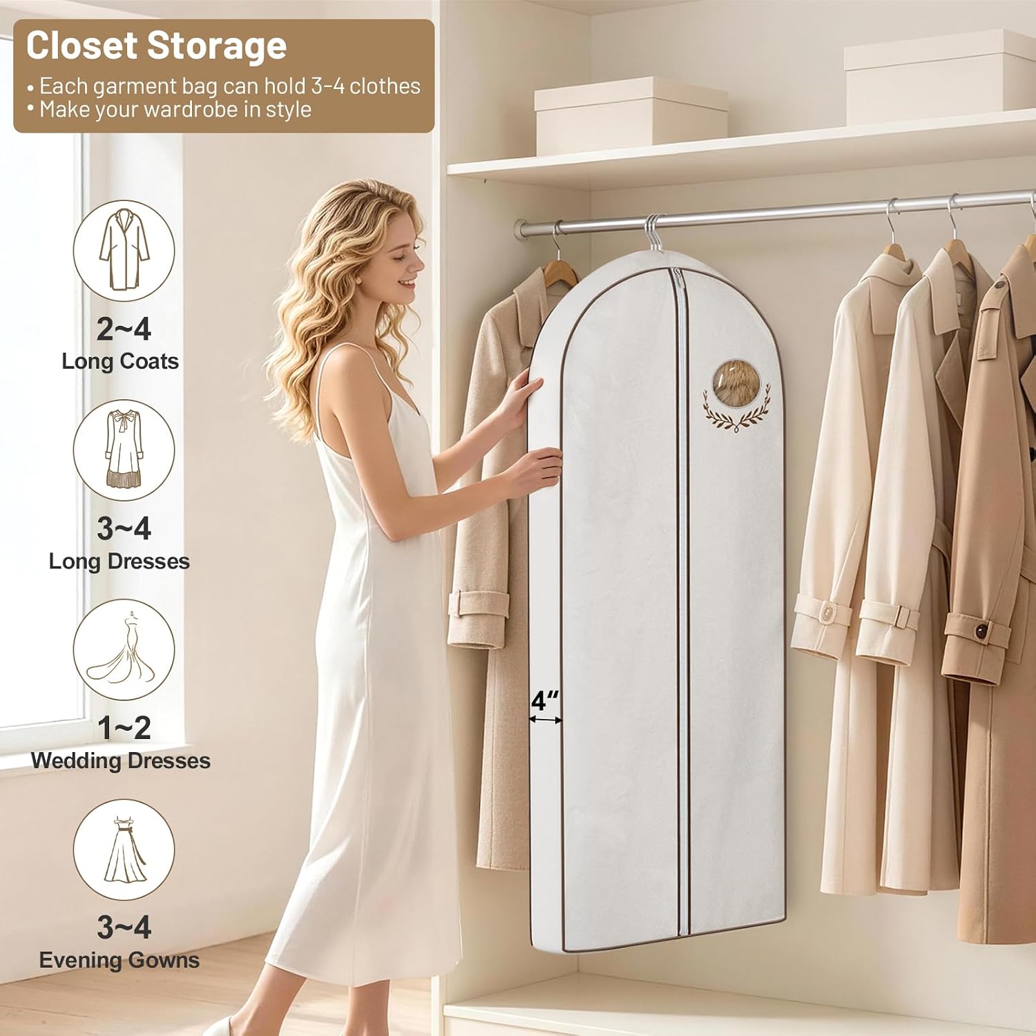 MISSLO 60" Cotton Garment Bag for Long Dress Breathable Fur Coat Storage Bag Women Dress Cover Luxury Garment Bags for Hanging Clothes Travel for Fur Coat, Jacket, Gown, Suit