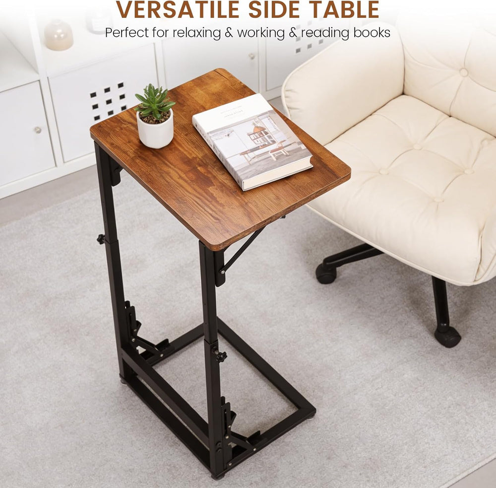 Folding Side Table, Adjustable C-Shaped End Table for Couch, Metal Frame TV T...